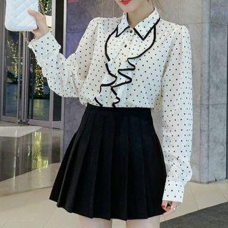 Heart Print Chiffon Blouse / High Waist Pleated Skirt