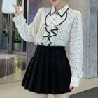 Heart Print Chiffon Blouse / High Waist Pleated Skirt