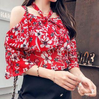 Floral Print Halter-neck Elbow-sleeve Chiffon Blouse