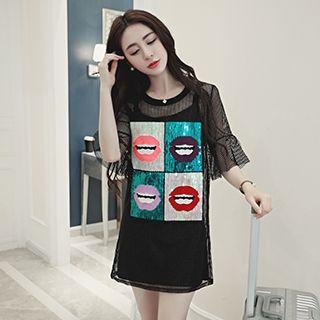 Set: Sequined Lips Elbow-sleeve Mesh Dress + Slipdress