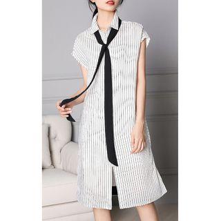 Striped Sleeveless Shirtdress With Sash
