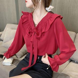 Long-sleeve Tie-front Ruffled Chiffon Blouse
