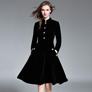 Stand Collar Button A-line Dress