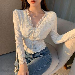 V-neck Lace Cropped Blouse Milky White - One Size