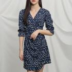 Puff-sleeve Floral Wrap Dress Navy Blue - One Size
