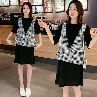 Set: Elbow-sleeve T-shirt Dress + Check Vest