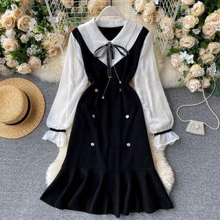 Mock Two-piece Long-sleeve Midi Mermaid Dress Black - One Size