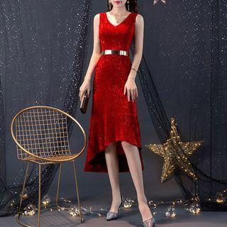 Sleeveless Belted Sheath High-low Evening Dress