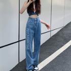 High Waist Letter Print Washed Straight Leg Jeans
