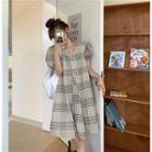 Short-sleeve Plaid V-neck Dress As Shown In Figure - One Size