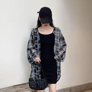 Long-sleeve Plaid Hooded Button Top