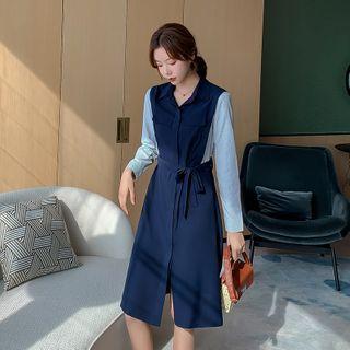 Two-tone Panel Long-sleeve Tie-waist Midi A-line Shirtdress