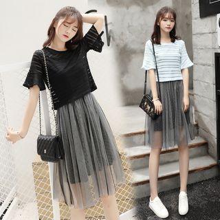 Set: Crew-neck Short-sleeve T-shirt + Mesh Skirt