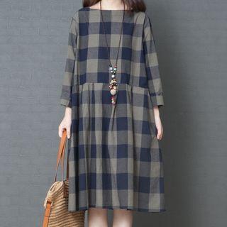 Long-sleeve Linen Plaid Dress