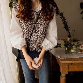 Frill-trim Floral Print Vest Ivory - One Size