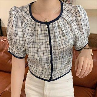 Short-sleeve Plaid Top Plaid - Dark Blue - One Size