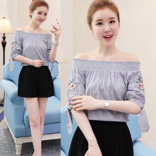 Flower Embroidered Striped Off Shoulder Elbow Sleeve Blouse