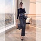 Set: Mock-neck Long-sleeve Knit Top + Striped Wide-leg Jumper Pants