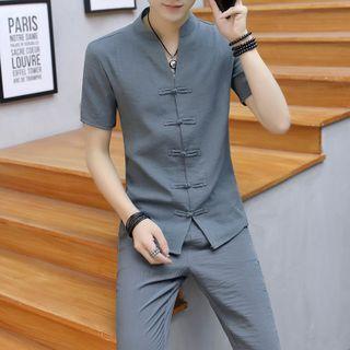 Set: Short-sleeve Frog-buttoned Shirt + Straight Leg Pants