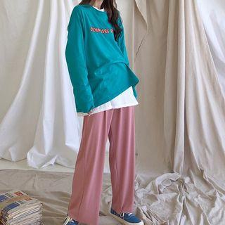 Long-sleeve Lettering T-shirt / Wide-leg Pants / Plain T-shirt