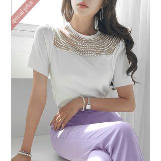 Pearly Tulle-yoke Knit Top