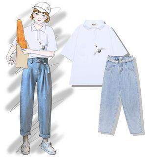 Set : Printed Short-sleeved Top + High Waist Harlan Jeans