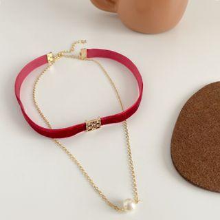 Bow Faux Crystal Pendant Velvet Choker Wine Red - One Size