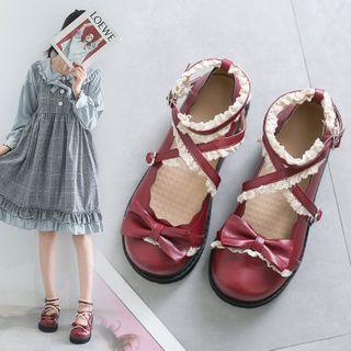 Lace Trim Bow Ankle Strap Platform Mary Jane Shoes