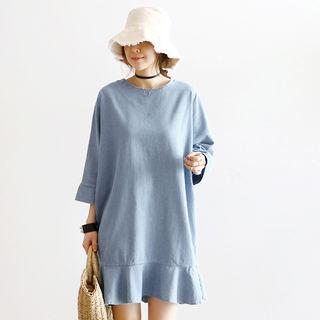 Batwing-sleeve Ruffle-hem Dress