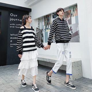Couple Matching Striped Hoodie / Cold Shoulder Sweatshirt / Jeans