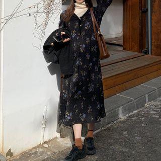 Long-sleeve Floral Print Midi A-line Dress / Button Jacket