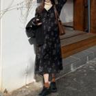 Long-sleeve Floral Print Midi A-line Dress / Button Jacket