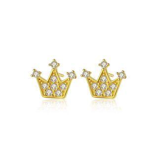 Sterling Silver Plated Gold Fashion Personality Crown Cubic Zirconia Stud Earrings Golden - One Size