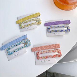 Set Of 2: Plain / Floral Print Fabric Hair Clip