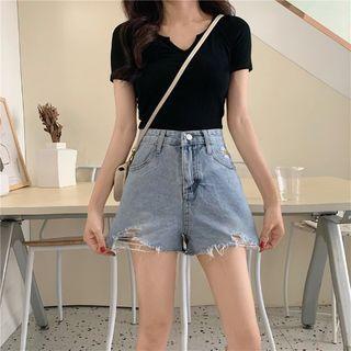 High Waist Embroider Daisy Ripped Denim Shorts