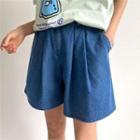 Band-waist Pleated-front Denim Shorts Light Blue - One Size