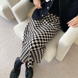 Checkerboard Knit Midi Skirt