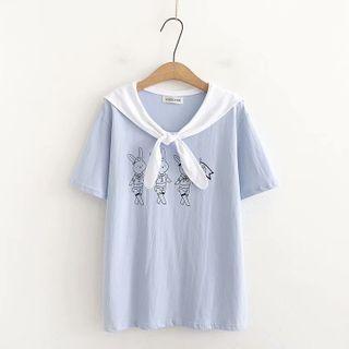 Short-sleeve Shawl Collar Rabbit Print T-shirt