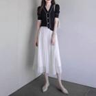 Elbow-sleeve Button Knit Top / Midi Pleated Skirt