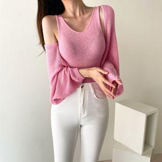 Set: Long-sleeve Plain Cardigan + Plain V-neck Camisole Top