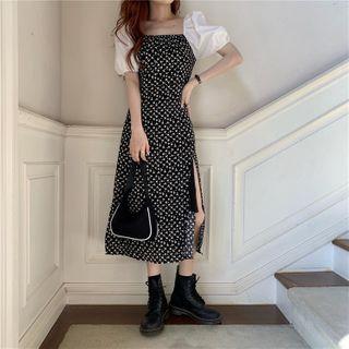 Puff-sleeve Panel Floral Slit Midi A-line Dress Black - One Size