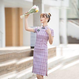 Plaid Short-sleeve Slit Qipao