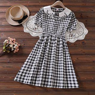 Short-sleeve Collar Plaid A-line Dress