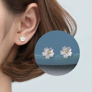 925 Sterling Silver Sakura Earring 1 Pair - White & Gold - One Size