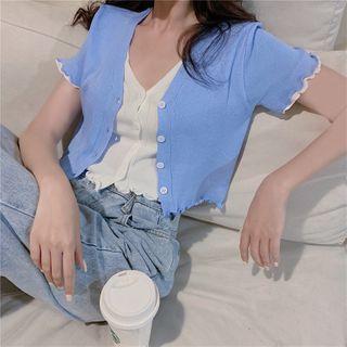 Mock Two Piece Short-sleeve Frill Trim Knitted Cropped Top
