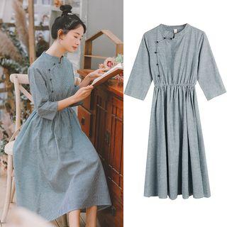 Pinstriped 3/4-sleeve Midi A-line Dress