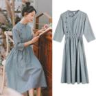 Pinstriped 3/4-sleeve Midi A-line Dress