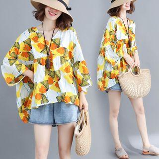 Print V-neck Batwing-sleeve T Shirt As Shown In Figure - L