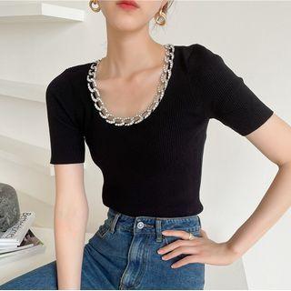 Short-sleeve Scoop Neck Rhinestone Trim T-shirt