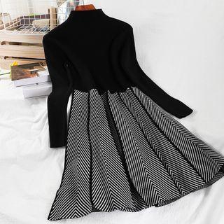Long-sleeve Mock Neck Midi A-line Knit Dress Black - One Size